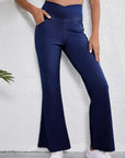 Dusk Blue Solid Crossed Waist High Elastic Fit Flare Knit Jeans