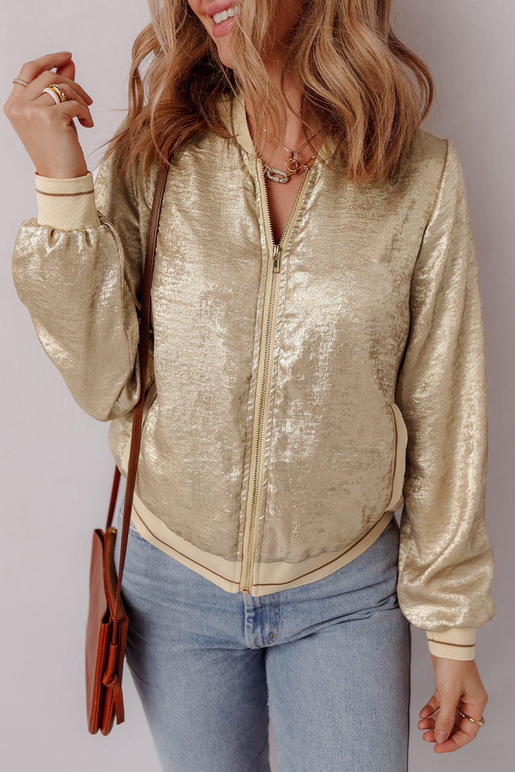 Pale Khaki Metallic Zip up Baseball Jacket - Little Miss Vanilla