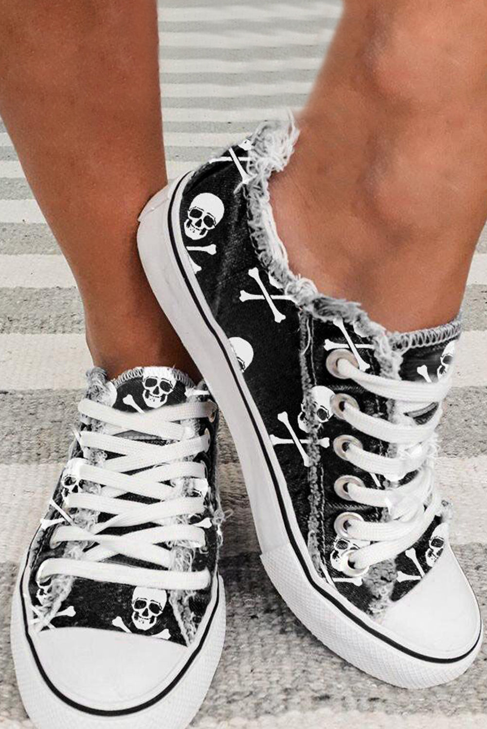 Black Skull Print Lace-up Canvas Sneakers - Little Miss Vanilla