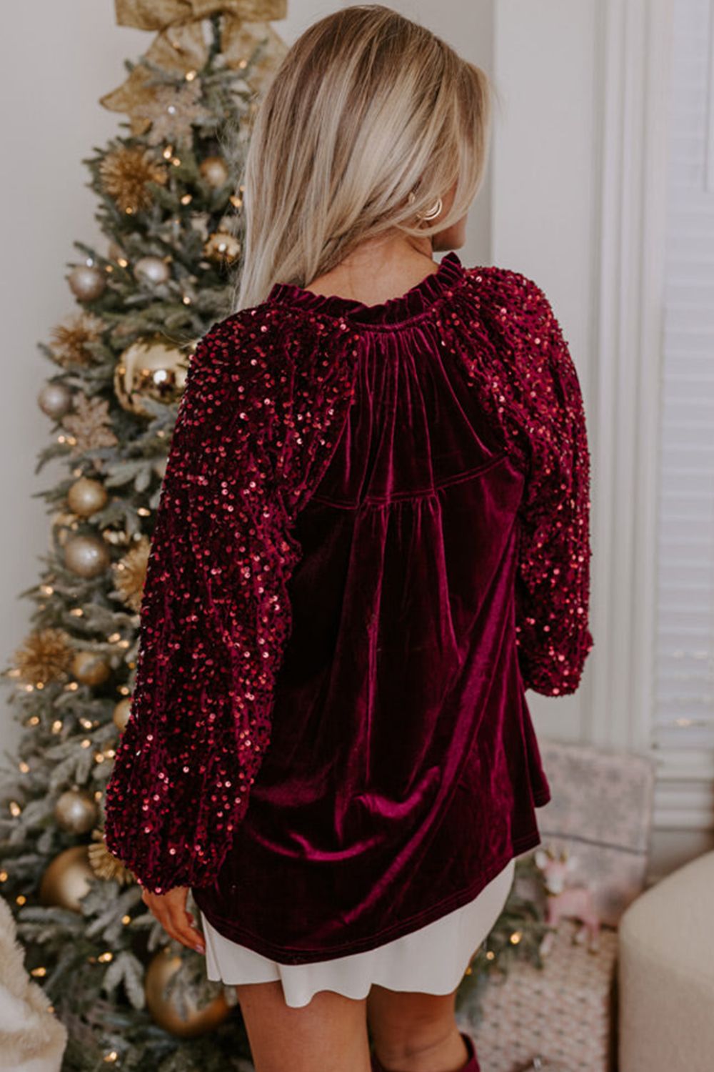 Sequin Notched Long Sleeve Blouse - Little Miss Vanilla