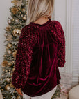 Sequin Notched Long Sleeve Blouse - Little Miss Vanilla