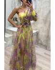 Mesh Tie-dye Printed Off-shoulder Slit Dress Summer INS Fashion Long Dress Party Womens Clothing