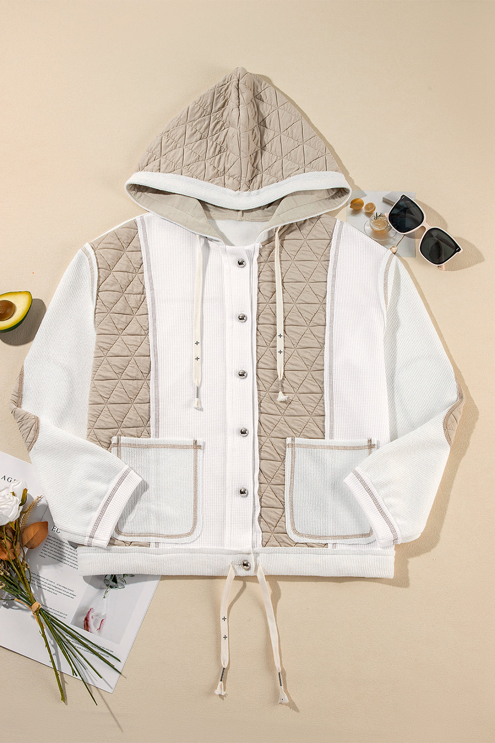 Beige Quilted Textured Patchwork Loose Fit Hooded Jacket - Little Miss Vanilla