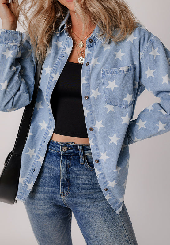 Raw Hem Star Collared Neck Denim Top - Little Miss Vanilla