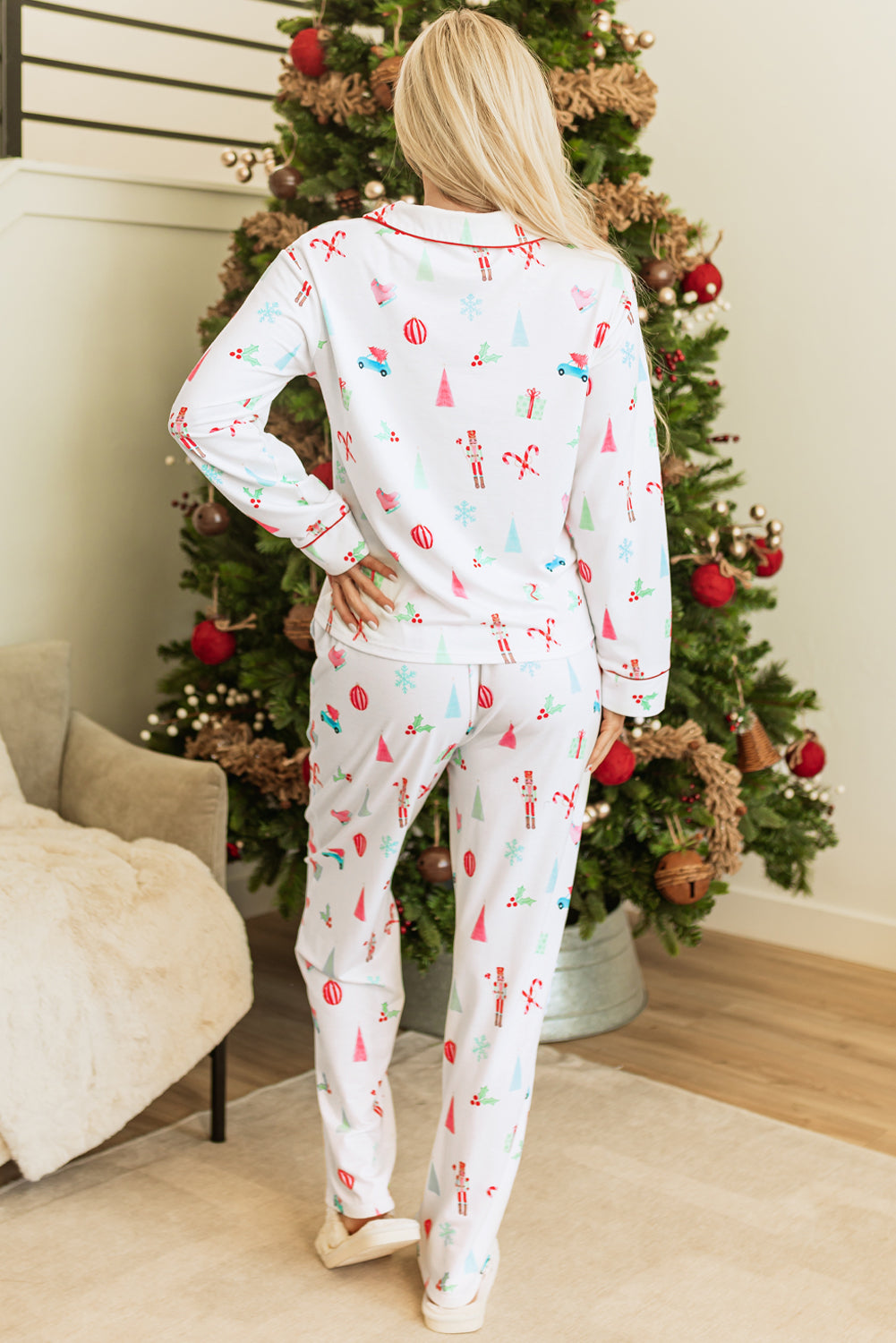 White Christmas Print Lapel Shirt and Pants Sleepwear - Little Miss Vanilla