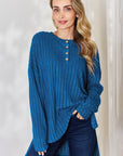 Basic Bae Full Size Ribbed Half Button Long Sleeve High-Low T-Shirt - Little Miss Vanilla