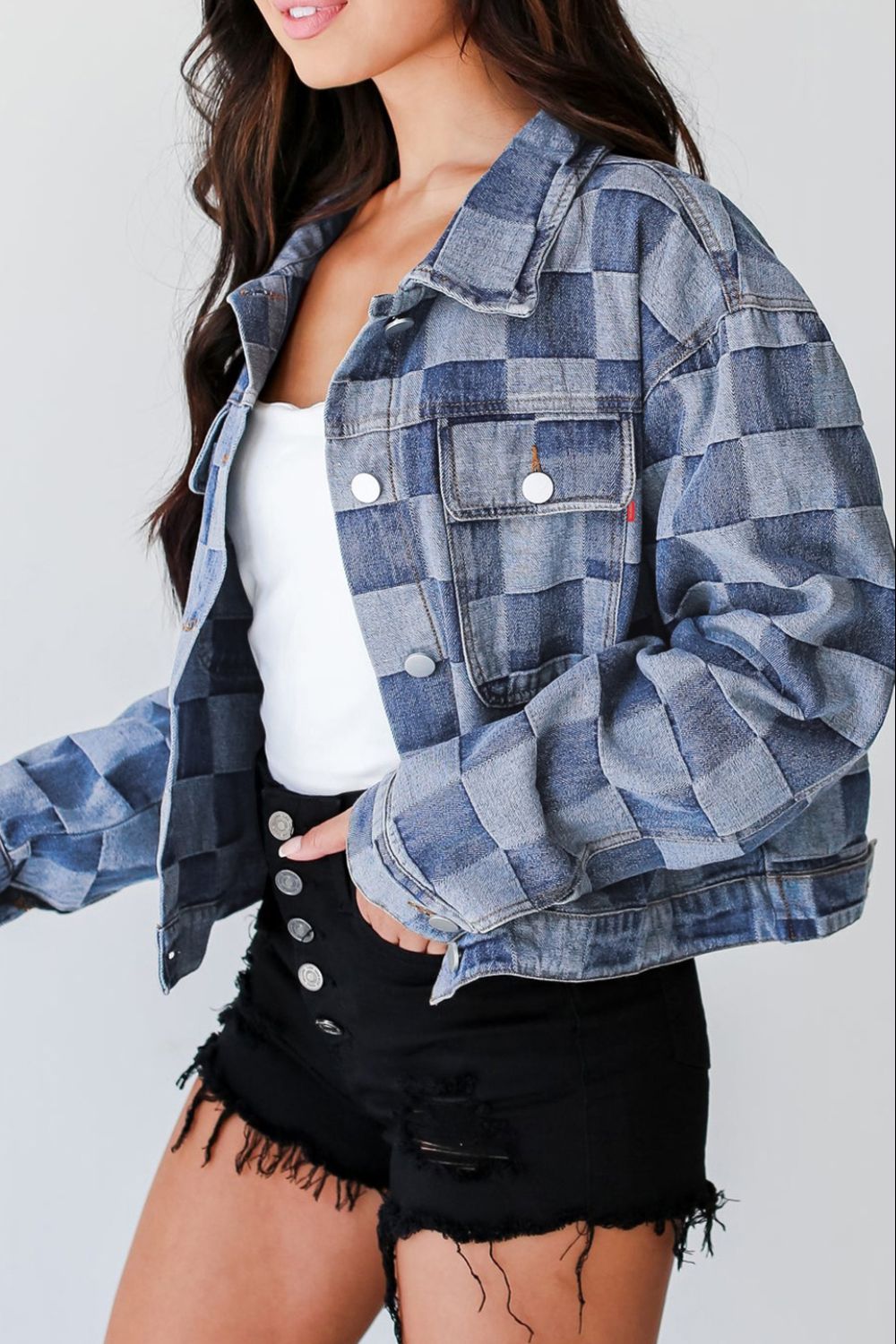 Checkered Button Up Denim Jacket - Little Miss Vanilla