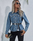 Peplum Collared Neck Long Sleeve Denim Top - Little Miss Vanilla