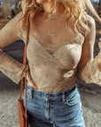 Apricot Lace Mesh Crochet Splicing Slim Fit Long Sleeve Blouse - Little Miss Vanilla