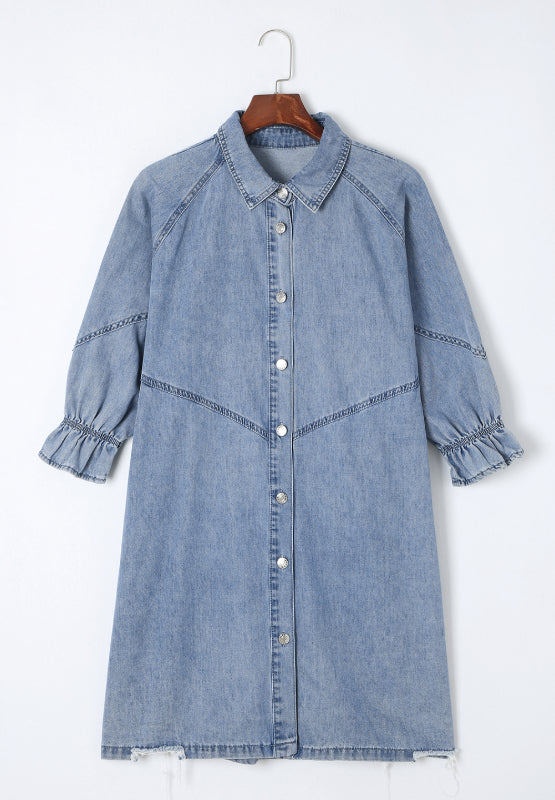 Distressed Collared Neck Flounce Sleeve Denim Dress - Little Miss Vanilla