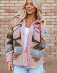 Pink Western Aztec Print Sherpa Splicing Buttoned Flap Pocket Coat - Little Miss Vanilla