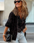 Black Sequin Zip up Round Neck Long Sleeve Jacket