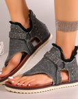 Denim Thong Sandals With Rear Zipper Summer Retro Beach Flat Shoes For Women