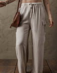 Beige Boho Linen Drawstring Waist Raw Edge Cargo Loose Pants