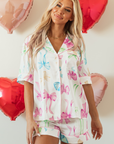 White Bowknot Print Buttoned Shirt High Waist Shorts Pajama Set - Little Miss Vanilla