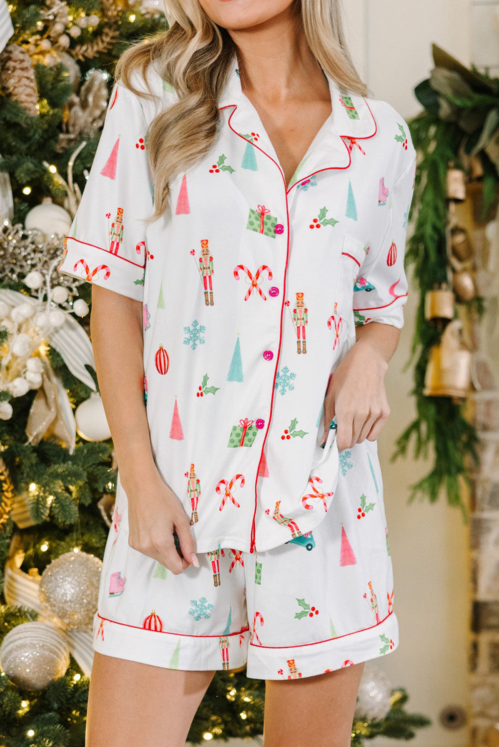 White Christmas Print Short Sleeve Shirt and Shorts Pajama Set - Little Miss Vanilla