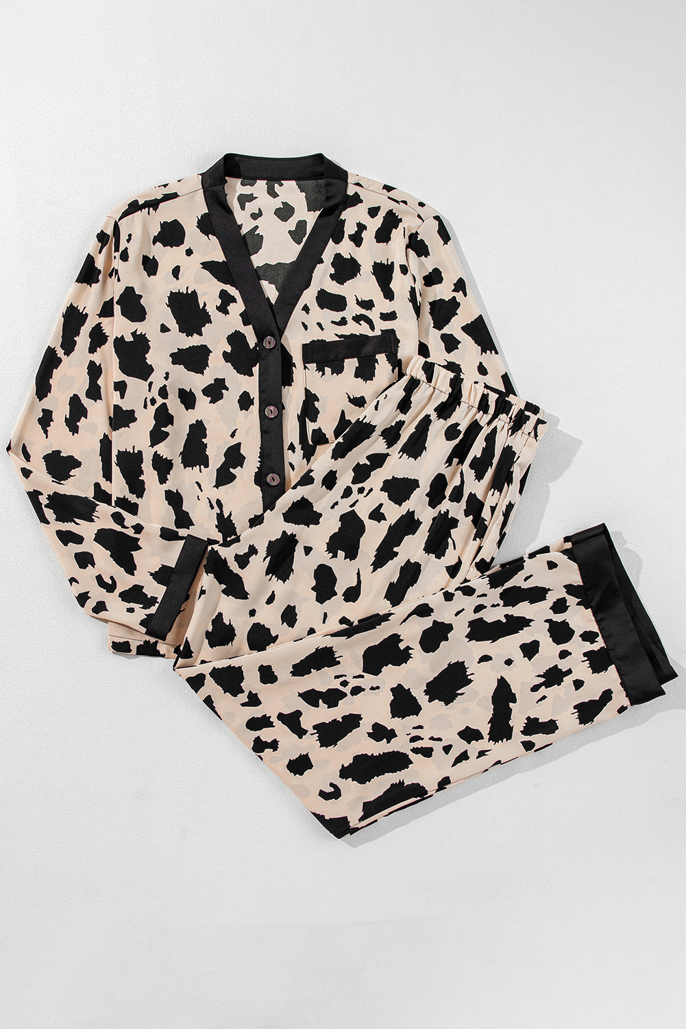 Khaki Cheetah Contrast Trim Loose Fit Two Piece Sleepwear - Little Miss Vanilla