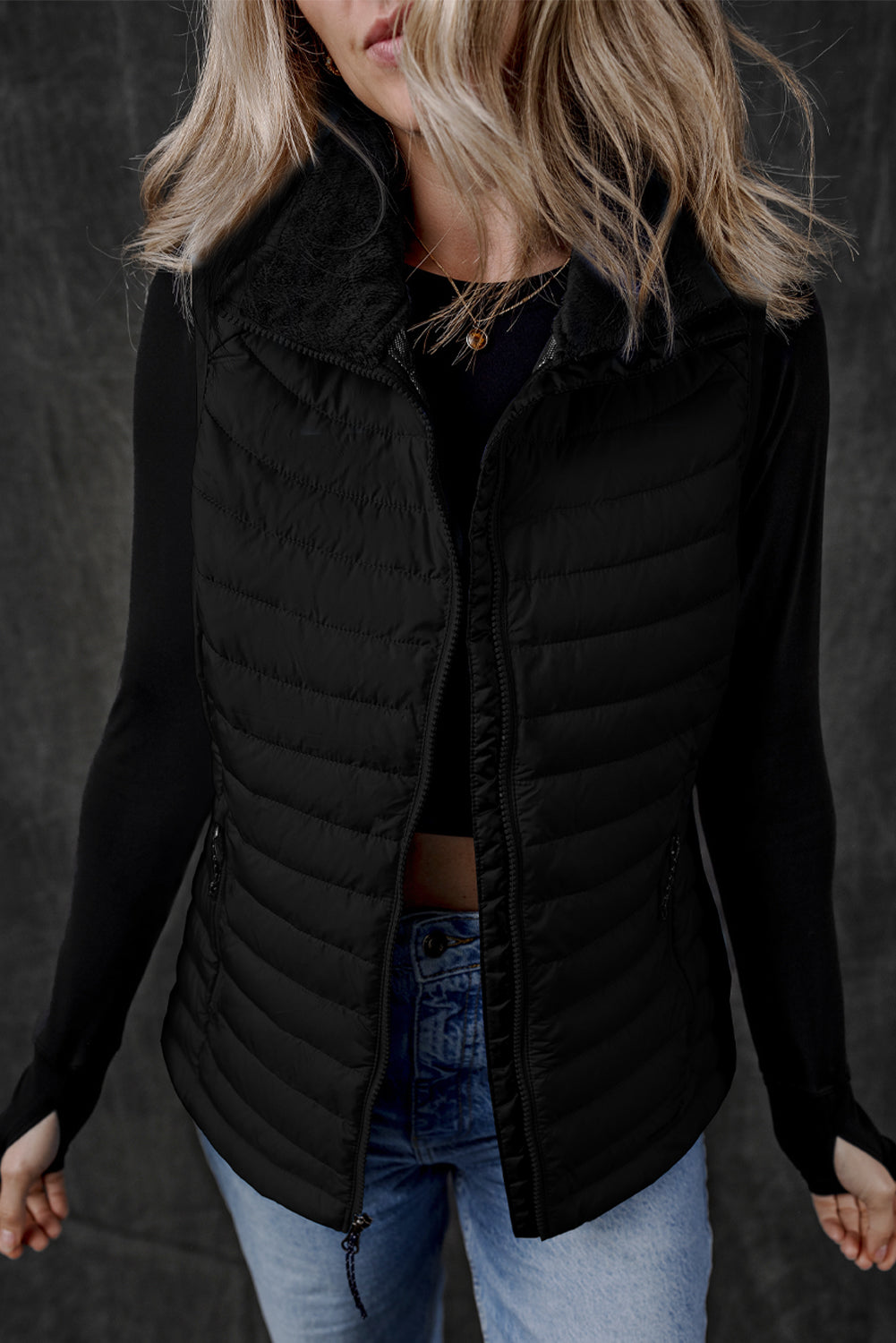 Black Plush Collared Quilted Zipped Puffer Vest - Little Miss Vanilla