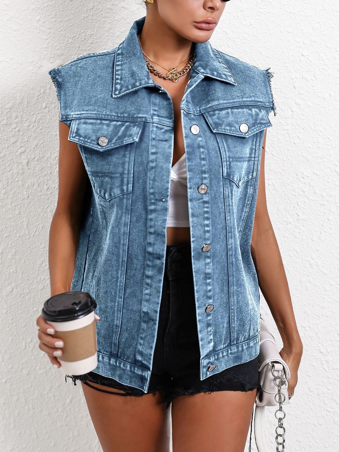 Pocketed Collared Neck Sleeveless Denim Top - Little Miss Vanilla