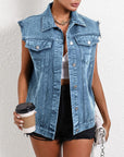 Pocketed Collared Neck Sleeveless Denim Top - Little Miss Vanilla