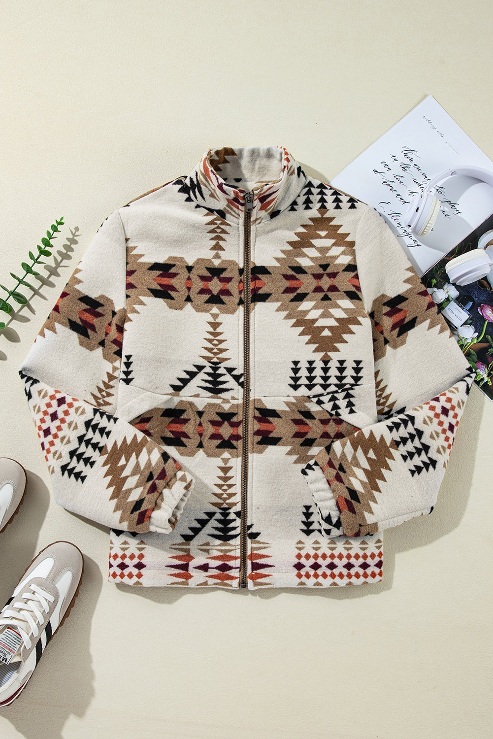 Beige Aztec Printed Stand Neck Zip Up Jacket - Little Miss Vanilla