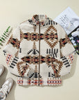 Beige Aztec Printed Stand Neck Zip Up Jacket - Little Miss Vanilla