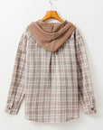 Khaki Checkered Print Loose Fit Buttoned Hooded Shacket