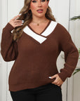 Plus Size Contrast Dropped Shoulder Long Sleeve Sweater - Little Miss Vanilla