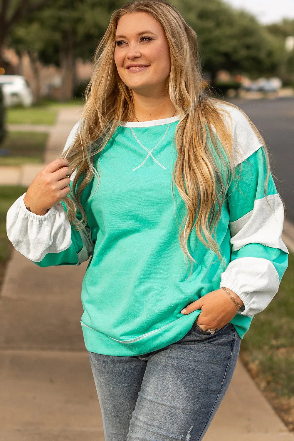 Plus Size Exposed Seam Color Block Long Sleeve Sweatshirt - Little Miss Vanilla