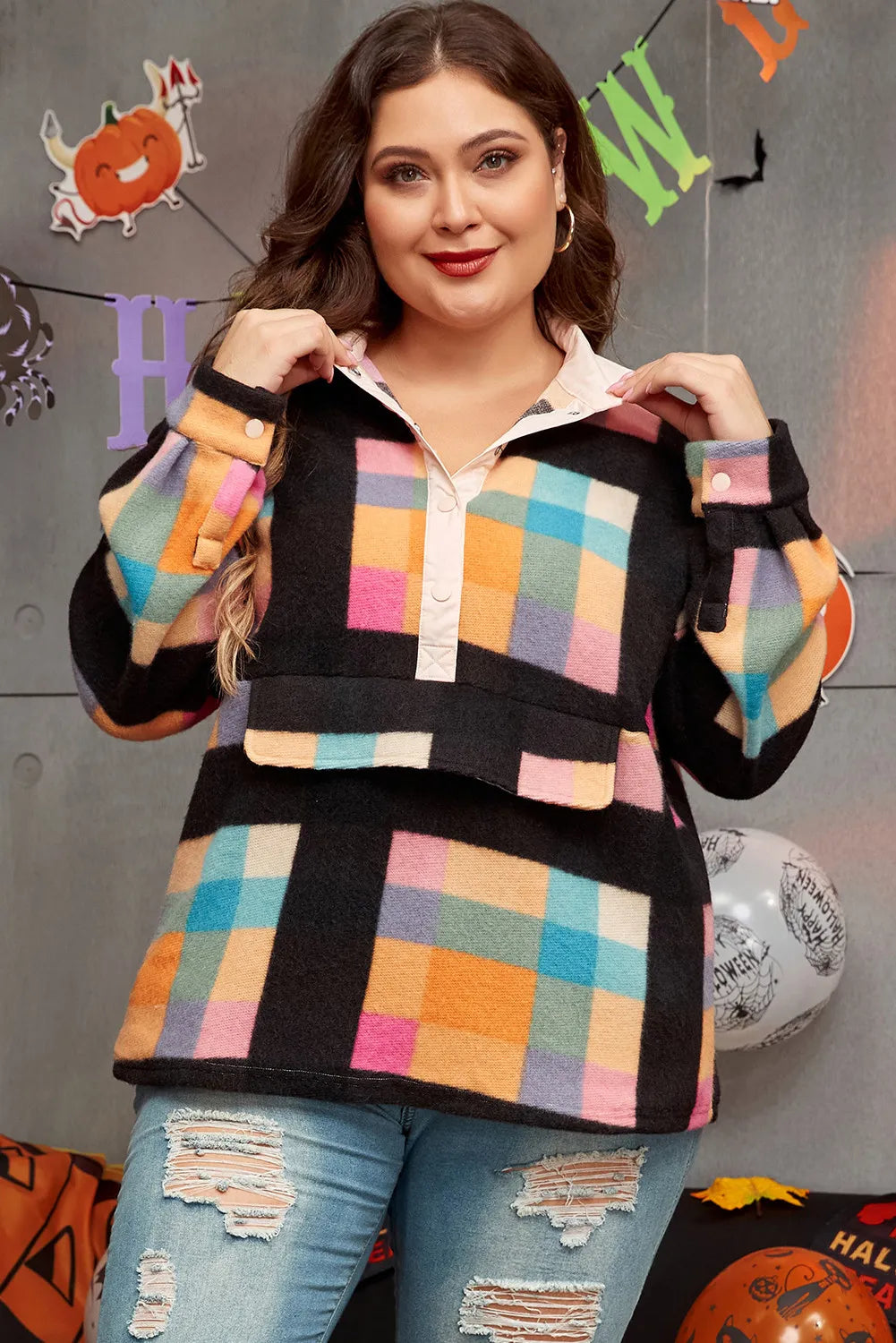 Plus Size Color Block Half Snap Long Sleeve Sweatshirt - Little Miss Vanilla