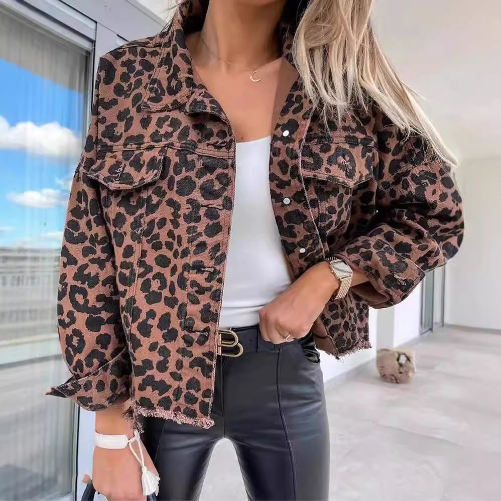 Women's Leopard Print Jacket With Pocket Y2K Fashion Lapel Single-breasted Denim Overcoat Women's Clothing - Little Miss Vanilla