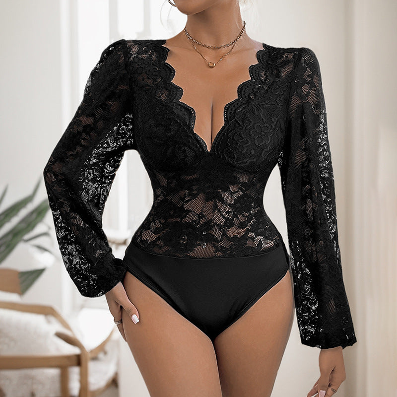 Tight Long Sleeve V-neck Lace Jumpsuit - Little Miss Vanilla