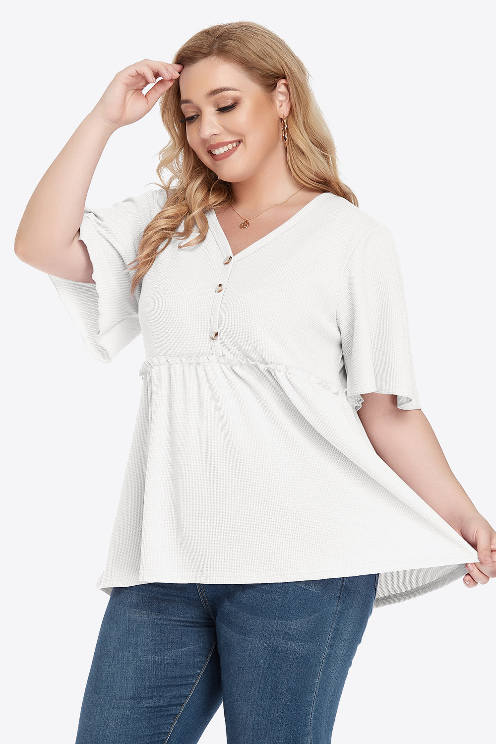 Plus Size Buttoned V-Neck Frill Trim Babydoll Blouse - Little Miss Vanilla