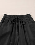 Black Drawstring High Waist Wide Leg Denim Pants