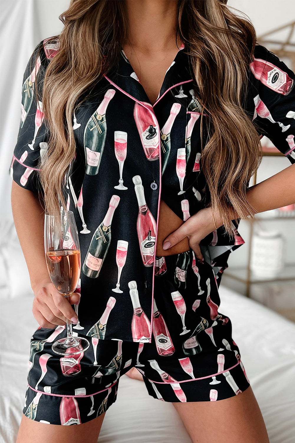 Black Champagne Print Silky Short Sleeve Pajamas Set - Little Miss Vanilla