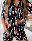 Black Champagne Print Silky Short Sleeve Pajamas Set - Little Miss Vanilla