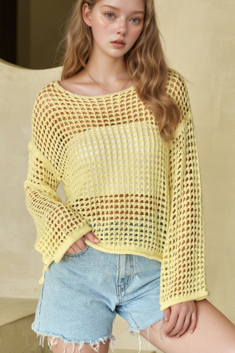 Openwork Round Neck Dropped Shoulder Knit Cover Up - Little Miss Vanilla