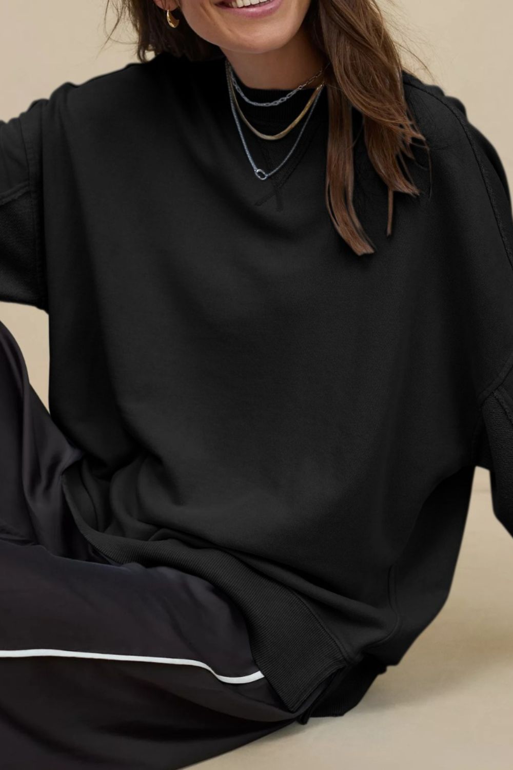 Side Slit Round Neck Long Sleeve Sweatshirt - Little Miss Vanilla