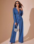 Plunge Long Sleeve Wide Leg Denim Jumpsuit - Little Miss Vanilla