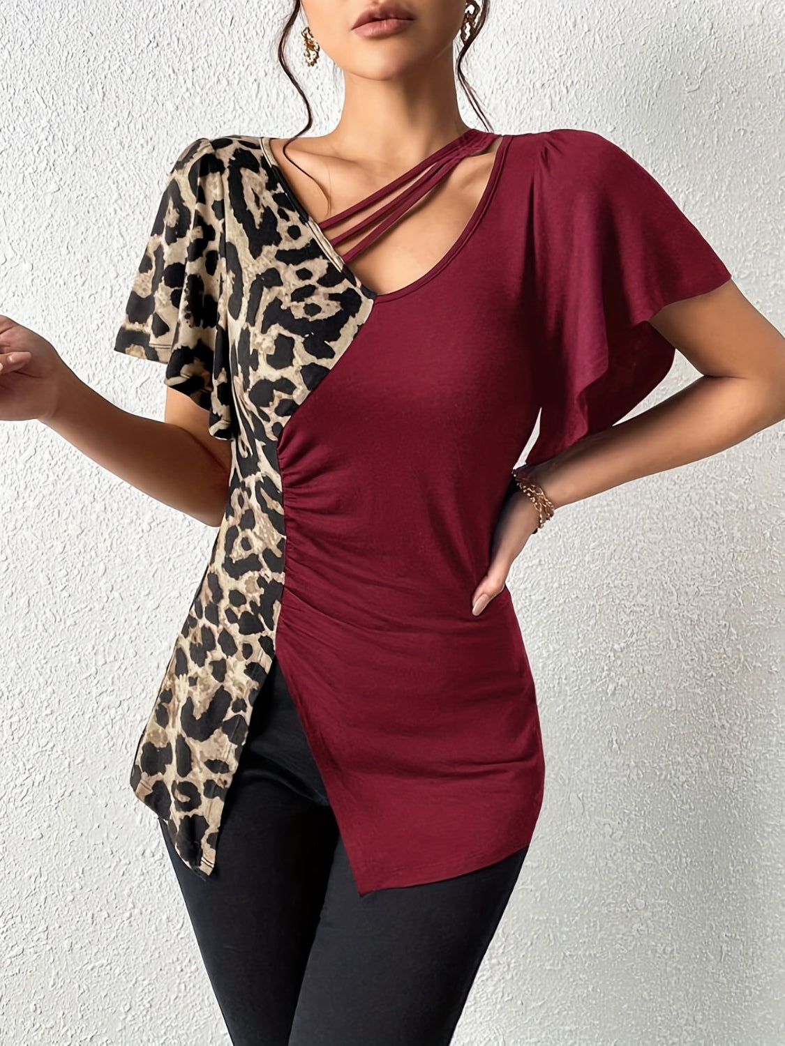 Ruched Leopard Flutter Sleeve T-Shirt - Little Miss Vanilla