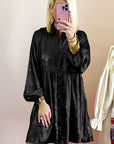 Black Metallic Sheen Puff Sleeve Button Up Mini Shirt Dress - Little Miss Vanilla