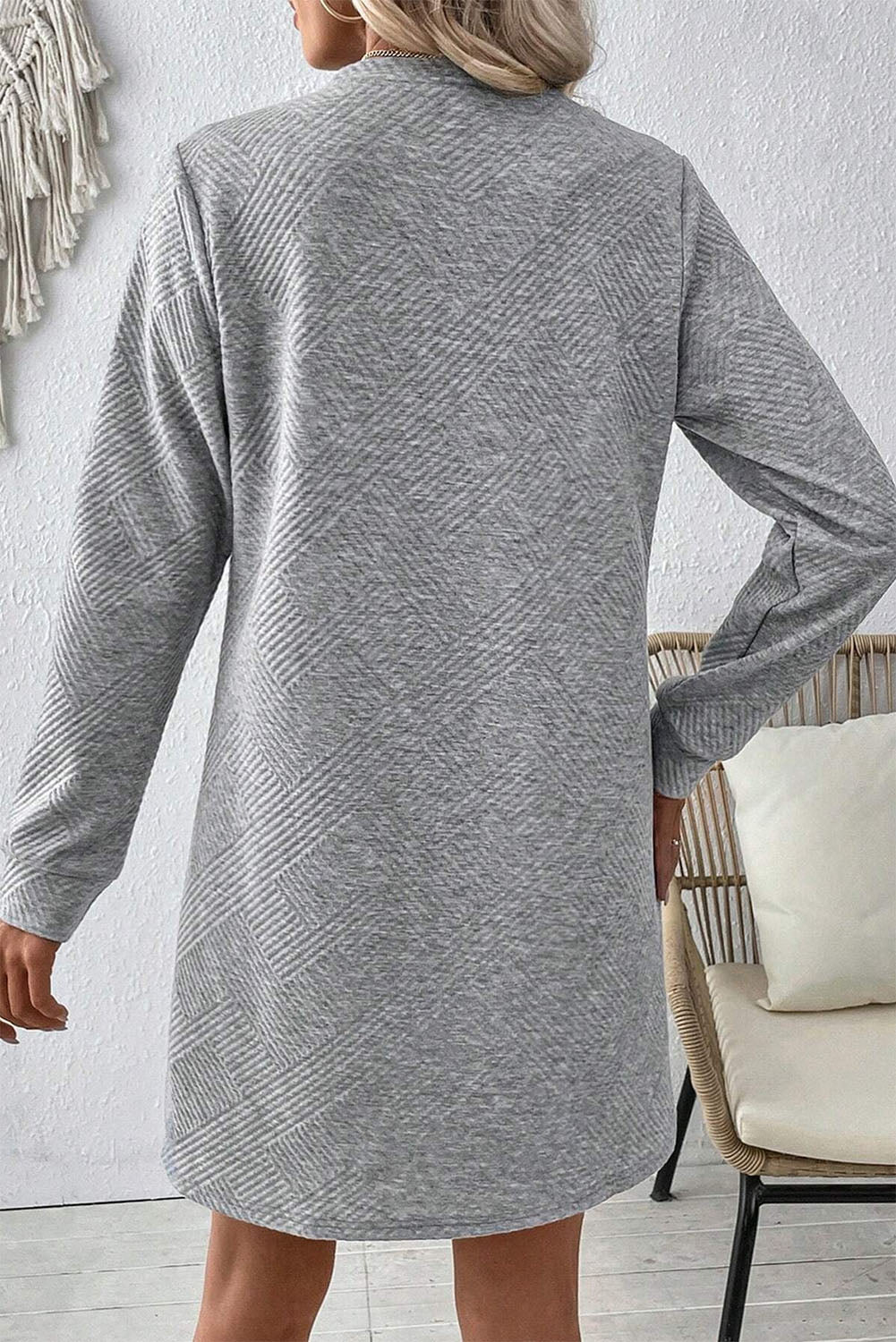 Gray Solid Color Textured Long Sleeve Shift Dress - Little Miss Vanilla