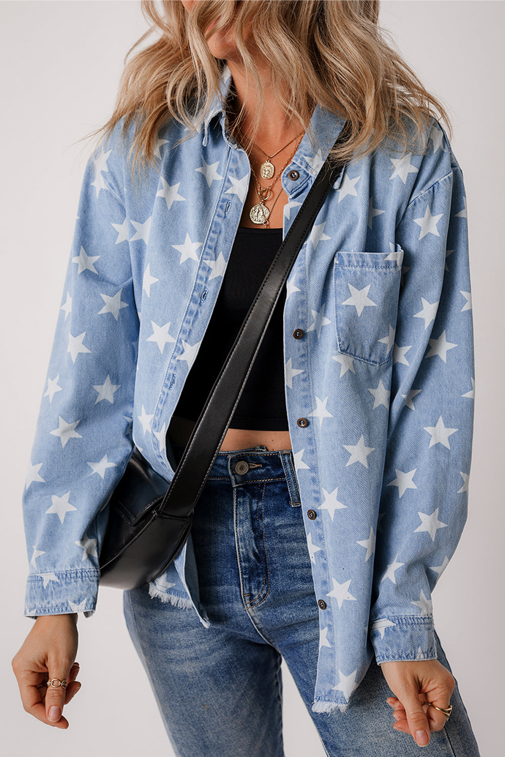 Sky Blue Star Print Light Wash Raw Hem Denim Jacket - Little Miss Vanilla