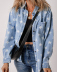 Sky Blue Star Print Light Wash Raw Hem Denim Jacket - Little Miss Vanilla