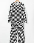 Black Checkered Print Long Sleeve Top and Pants Lounge Set