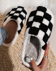 Black Checkered Print Fuzzy Slip On Winter Slippers - Little Miss Vanilla