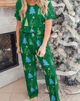 Green Christmas Tree Print V Neck Tee and Pants Lounge Set - Little Miss Vanilla