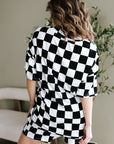 Black Checkerboard Print V Neck Loose Tee and Shorts Lounge Set