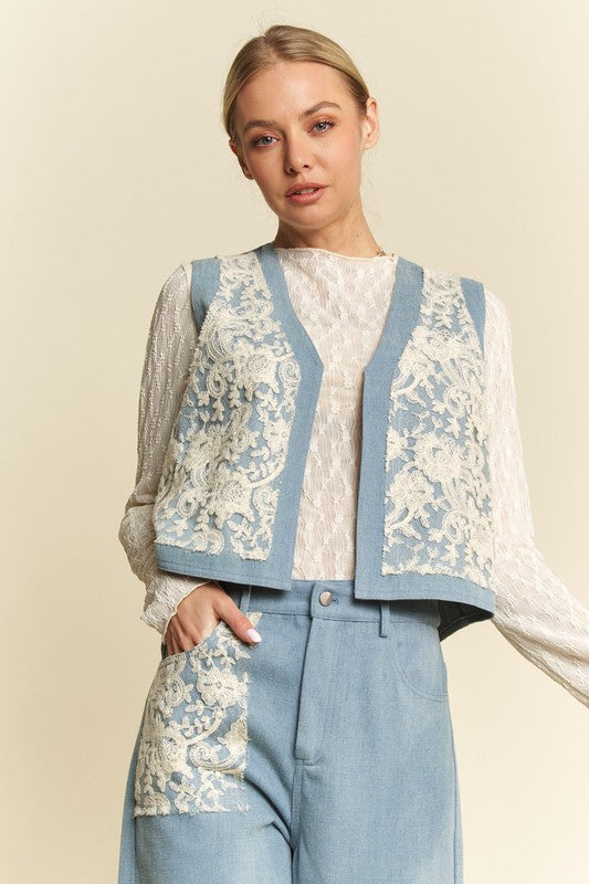 Davi & Dani Lace Patch Open Front Denim Vest - Little Miss Vanilla