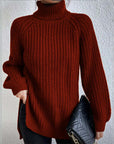 Turtleneck Pullover Sweater With Split Design Fashion Simple Solid Color Long Sleeve Tops Women's Clothing